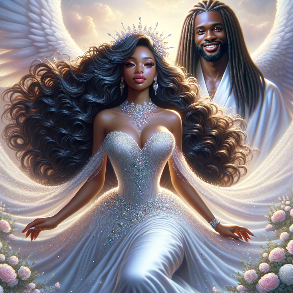 Create a 3-D realistic oil, painting of a beautiful African-American bride. She has long flooring, wavy hair and her gown has beautiful jewels around the neckline. in the background there is a beautiful African-American Jesus Christ with long dreadlocks, and he is smiling. He is very handsome pastel flowers throughout the image.