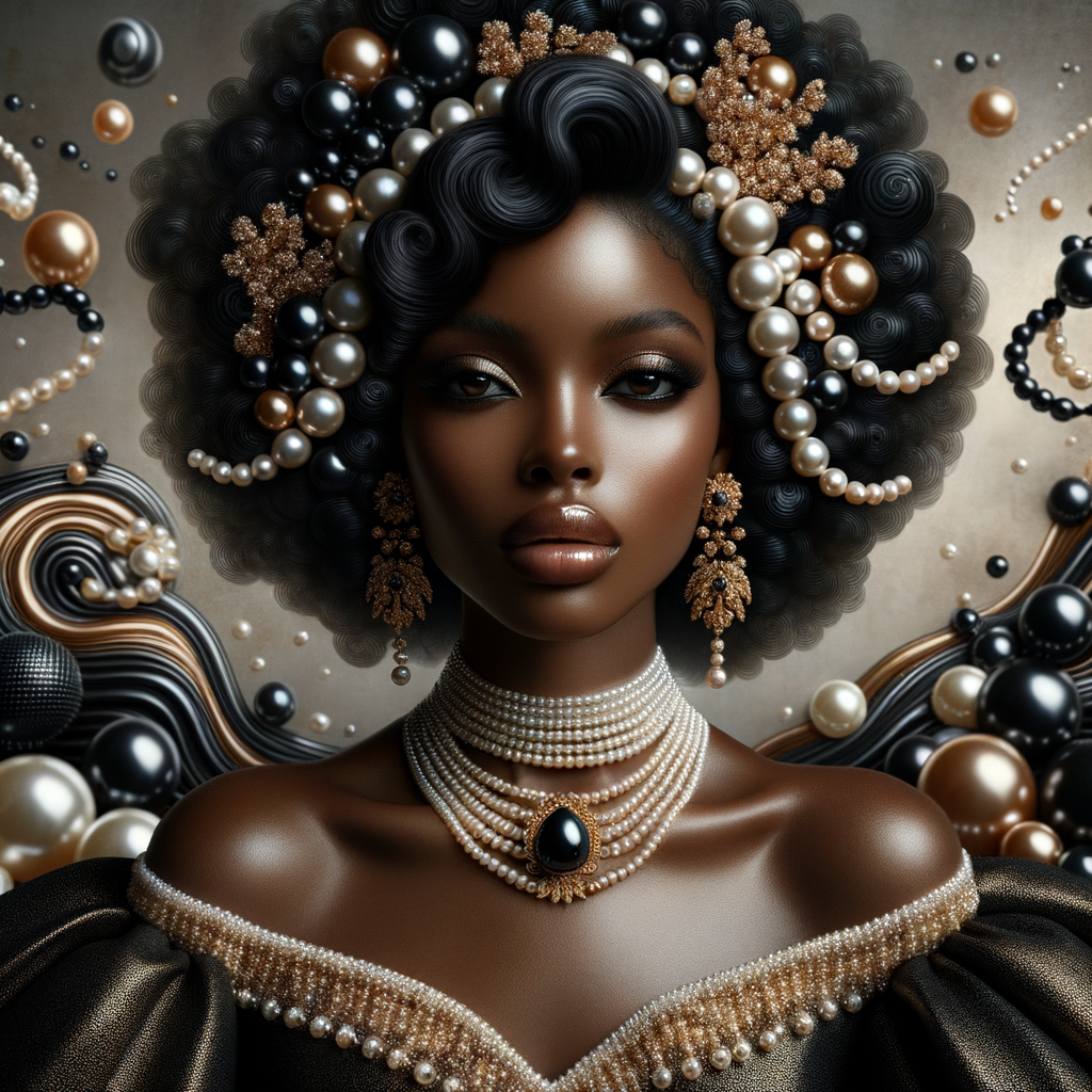 Imagine a digital portrait of a light skinned African-American Latino regal woman named KAREN Her attire and accessories are exclusively adorned with black and gold pearls. They grace her voluminous hair, styled in an elegant updo, where the black pearls form the roots and the gold pearls create the stunning curls. Her ears boast chandelier earrings, with black pearls clustered at the top, transitioning to gold pearls that dangle with delicate grace. Around her neck, a tiered necklace cascades with strands of alternating black and gold pearls, reflecting a sophisticated contrast.

Her shoulders are draped with a luxurious off-shoulder gown, the fabric's weave incorporating intricate patterns formed by black and gold pearls. The gown's texture has a subtle sheen, suggesting a high-quality material with a pearlescent finish. As a centerpiece, a grand brooch sits at her collar, with a large gold pearl surrounded by an elaborate design of smaller black pearls.

The background of the portrait features an abstract composition of floating pearls, swirling in a dance of shadows and light, emphasizing the color theme of black and gold. The name "KAREN" is discreetly integrated into the lower right corner of the artwork, blending seamlessly with the design, as if it were a signature part of the jewelry ensemble. The overall effect is one of timeless elegance, a blend of modern design and classic beauty, all tied together by the luxurious palette of black and gold.