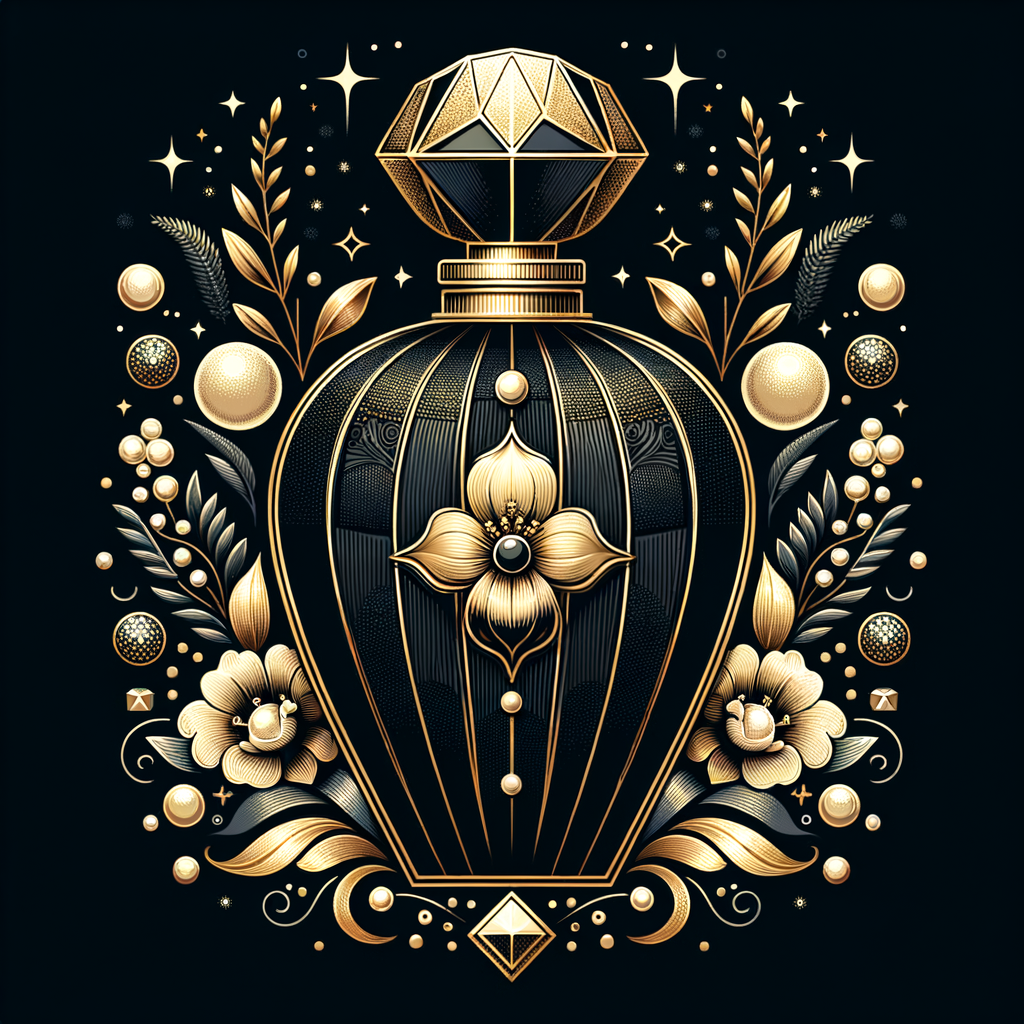 Design a fancy, black and gold bottle of perfume in the shape of a woman’s body. With a golden diamond top, flowers pearls and Diamonds in the name, Karen