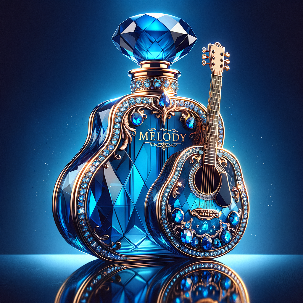 A digital illustration of a luxurious perfume bottle with a tall, faceted cap designed to mimic a deep blue gemstone, giving a sapphire-like appearance. The bottle, displaying a vivid blue color with light refraction effects, suggests the high clarity of glass. It rests on a reflective surface, hinting at the elegance of the product. A golden crown, ornately decorated with sparkling diamonds and inset with sapphire-blue gemstones, encircles the bottle's neck, adding to its opulence. The name 'KAREN' is featured in a prominent, sophisticated script on the front of the bottle, standing out against the deep blue background. The overall image conveys a sense of luxury and high fashion.