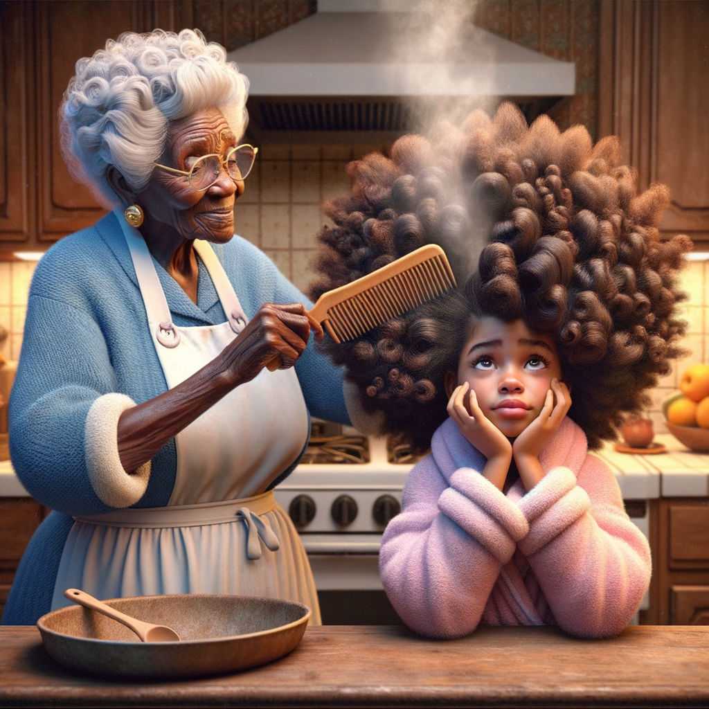 Create a realistic 3-D image of an african-American grandmother wearing a blue house dress and a white apron . She is in the kitchen with her african-American granddaughter. Her granddaughter is wearing a pink bath robe. The grandmother has a hot comb in her hand and she is straightening her granddaughters hair. One side of her granddaughters hair is in  a Afro the other straight 
There is smoke coming from the hot comb
The granddaughter is making a face