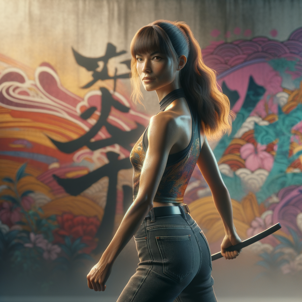 Athletic Thin skinny Attractive, Asian teenage girl, long brown hair and bangs, wearing tight skinny jeans and a halter top paint marks on her clothing, heroic pose Asian graffiti background, backside view