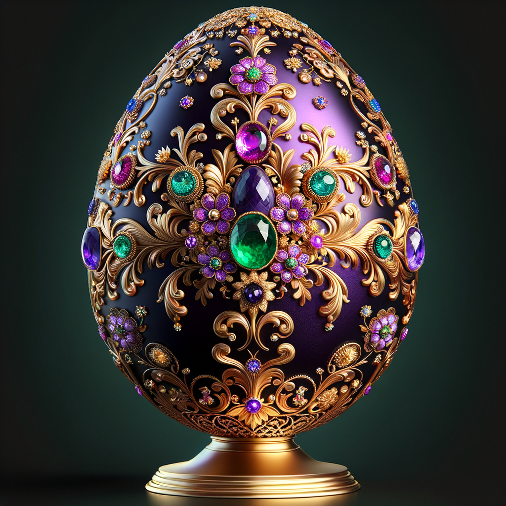 Create an image of an exquisite egg-shaped object, oriented to face the viewer head-on. The design should feature a deep purple base adorned with opulent gold filigree, floral patterns, and encrusted with various jewels such as emeralds, sapphires, and a prominent amethyst. The egg stands regally on a gold pedestal, gleaming with reflective elegance. Its intricate details and rich colors should convey a sense of luxury and royal splendor.