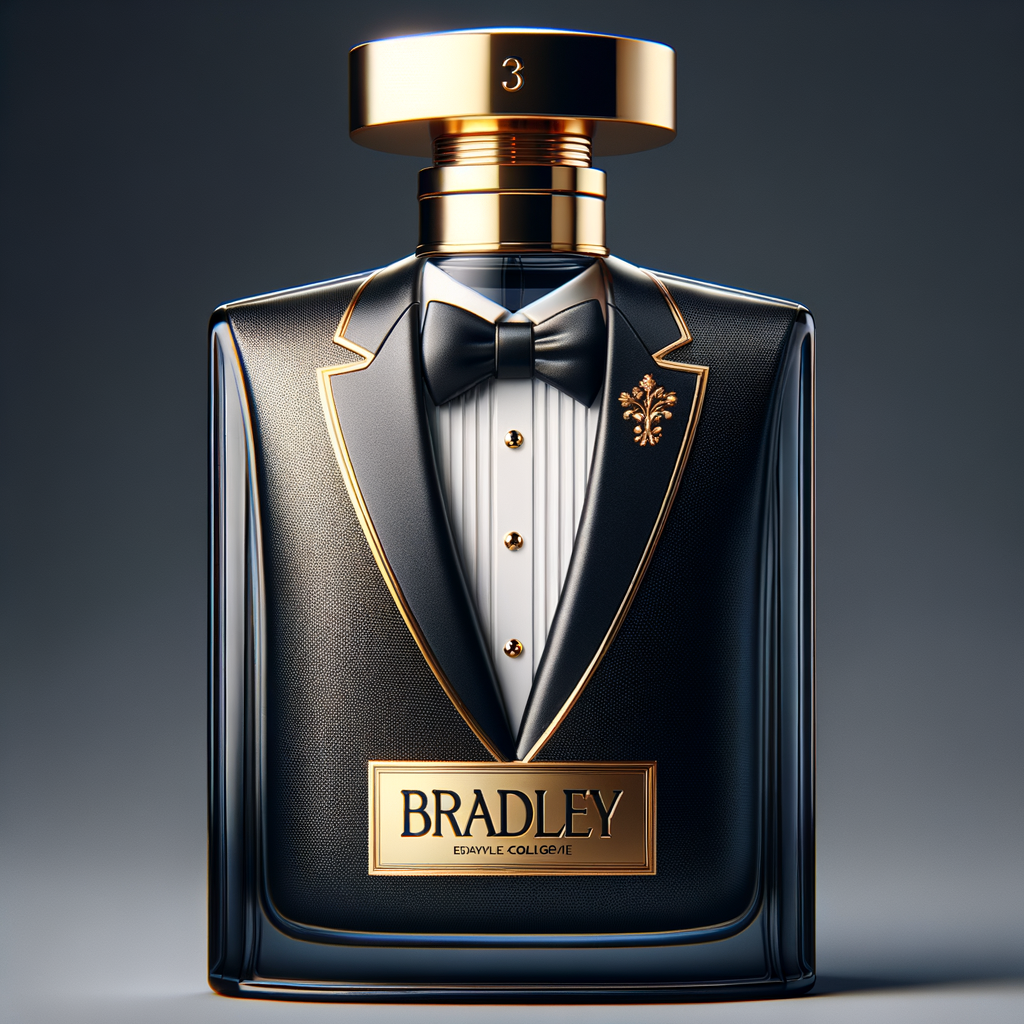 Create a realistic, 3-D cologne bottle That looks like a black Gucci tuxedo with a gold top and the name Bradley written in gold letters