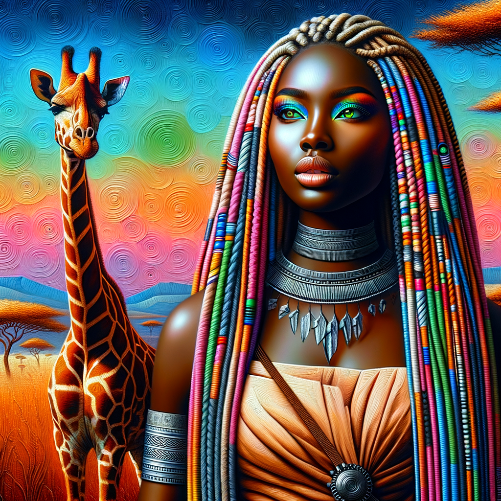 ancient landscape Ancient warrior woman Slimthick African American pretty face flawless skin long colorful braids, plus edges, fluxus art vibrant colors one  blue eye one green eye. Ancient attire sandal's striped giraffe