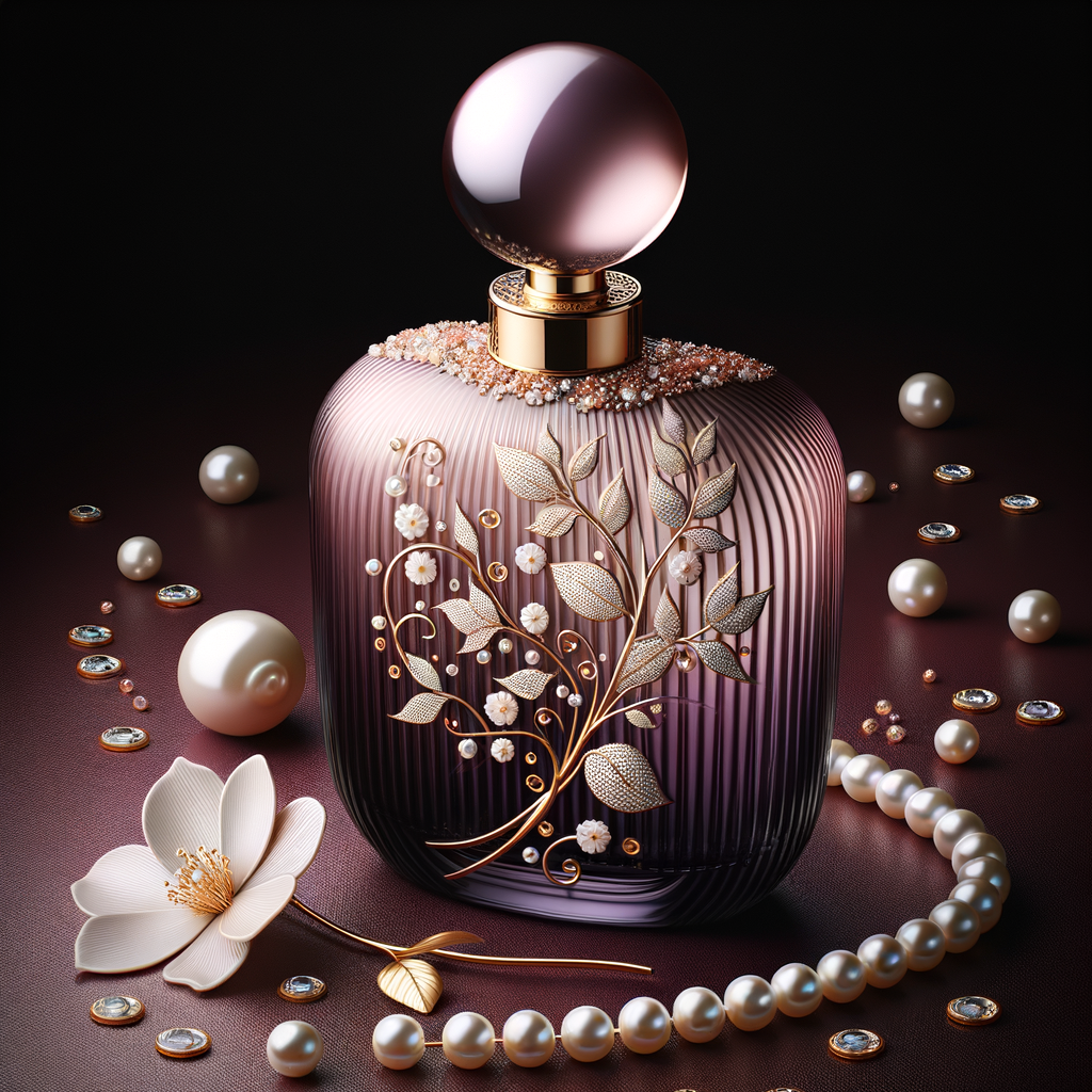 Create an image of a sophisticated perfume bottle that is designed to resemble the silhouette of a woman's figure. The glass of the bottle should be a deep, dark purple, evoking a sense of mystery and luxury. Adorning this unique bottle, there should be a pattern of a single, intricate white and soft pink flower, with a string of pearls that gracefully follows the curves of the bottle's form. The neck of the bottle, slim and elegant, is encircled by a band of gold inlaid with tiny sparkling diamonds, leading up to a large, lustrous pearl that serves as the bottle's cap. Include additional details such as scattered pearls, a petal, and a golden twig with a single pearl on the maroon surface around the bottle, all of which reinforce the sophisticated and luxurious theme. The perfume bottle is a signature piece for a person named Karen, reflecting her refined and elegant taste.