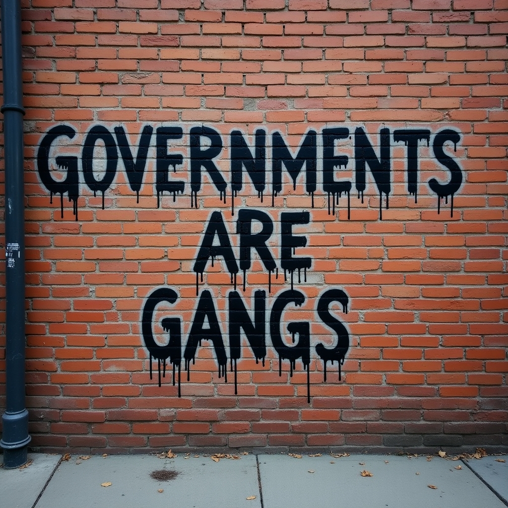 An eerie and uncomfortable vandalized brick wall that says “GOVERNMENTS ARE GANGS” on it