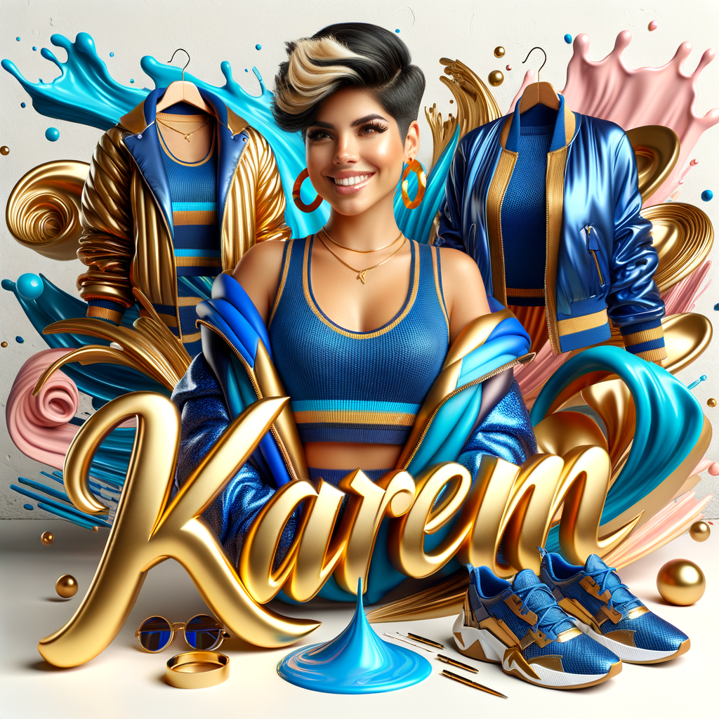 3D writing name "KAREN" bold glossy gold. There is a beautiful latino woman, smiling with a black and blonde pixie cut hairdo,blue and gold trendy jacket and outfits in blue, pink, and gold tones, sport shoes, sitting under the name. Her outfits are glossy. dynamic color explosion background, of pink, blue, gold colors, splashed on white wall