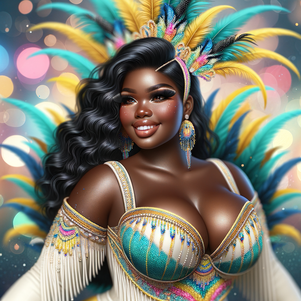 Create a 3-D  vivid full-body view of a colorful glossy hyper-realistic oil painting of a detailed illustration full length photo single image of a beautiful African-American caramel skinned woman plus sized, with long, black, wavy hair, her make up is airbrushed and flawless, she is dressed in a white, teal and yellow large, elaborate, elegant, very detailed carnival costume with colorful African-American pink, blue, gold yellow green feathers, flawless makeup, prominent lashes, black peep toe heels, white pixie hair, background bokeh, she is stunning and smiling, digital art.