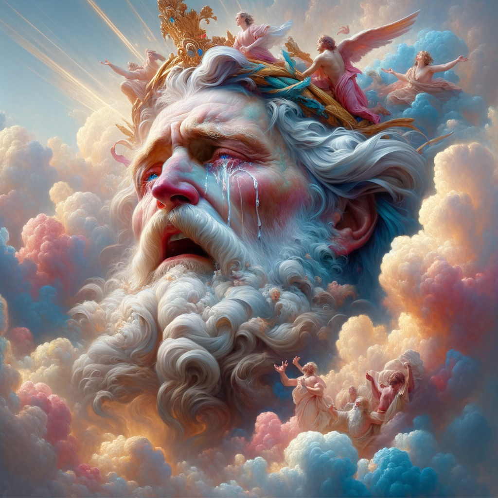 Create a 3-D realistic oil, painting Jesus Christ coming in the blue, gold, pink and white clouds with great power and glory up close, tears rolling down his face,