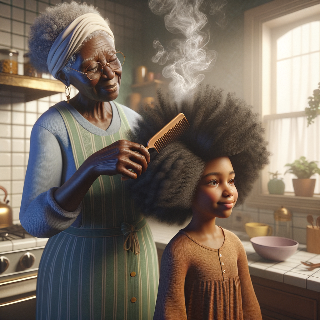 Create a realistic 3-D image of an african-American grandmother in the kitchen with her african-American granddaughter. The grandmother has a hot comb in her hair and she is straightening her granddaughters hair. One side of her granddaughters hair is in  a Afro the other is bone straight 
There is smoke coming from the hot comb