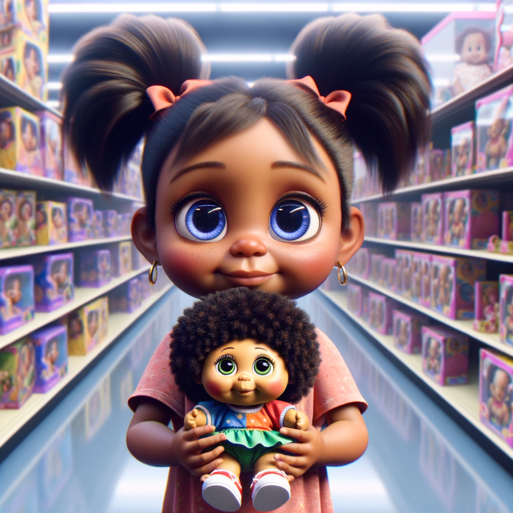 Create a 3-D image of a little girl inside of a very large toy store. The little girl has thick, ponytails and huge blue eyes. She is playing with her favorite doll, the doll is a African-American Cabbage Patch doll. That looks just like her.