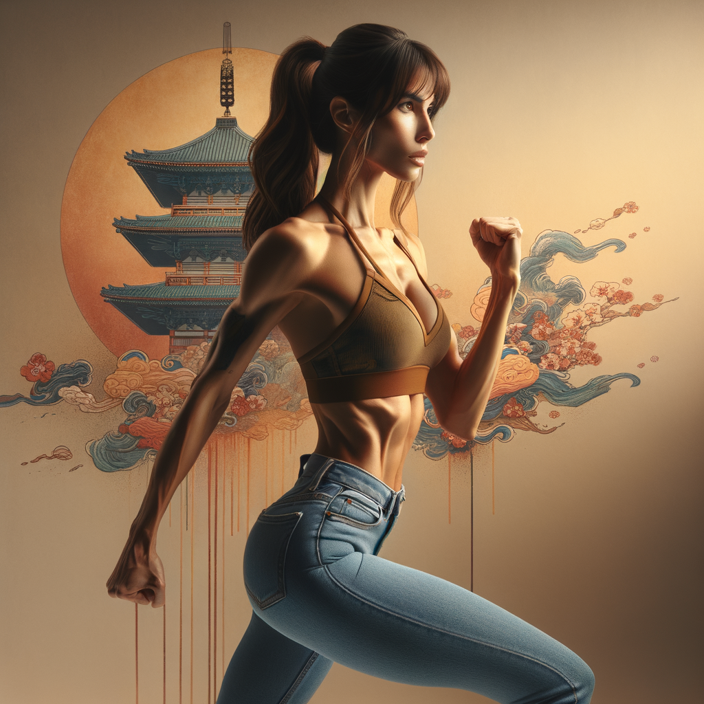 Athletic Thin skinny Attractive, Asian teenage girl, long brown hair and bangs, wearing tight skinny jeans and a halter top paint marks on her clothing, heroic pose Asian graffiti background, side view