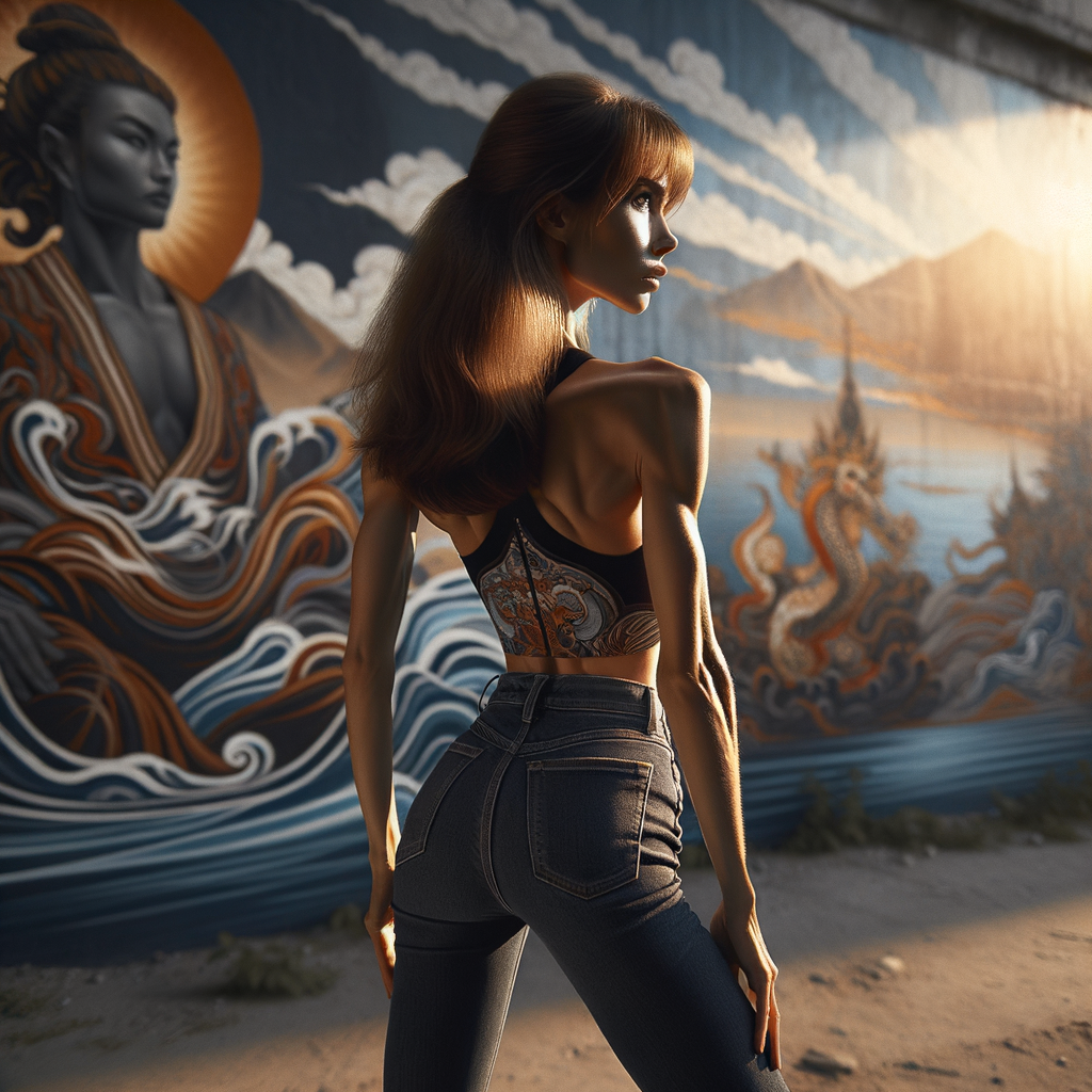 Athletic Thin skinny Attractive, Asian teenage girl, long brown hair and bangs, wearing tight skinny jeans and a halter top paint marks on her clothing, heroic pose Asian graffiti background,  backside view