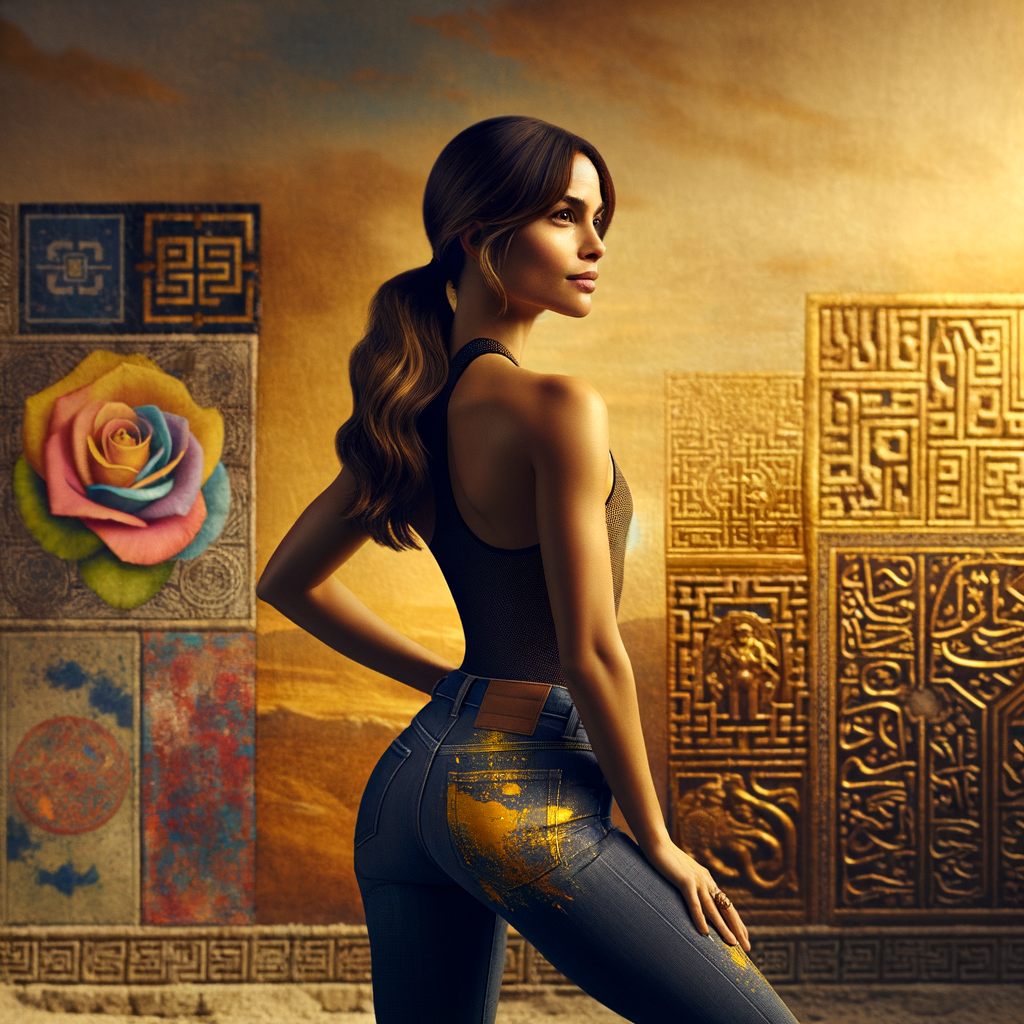 Athletic Thin skinny Attractive, Asian teenage girl, long brown hair and bangs, wearing tight skinny jeans and a halter top paint marks on her clothing, heroic pose Asian graffiti background,  backside view