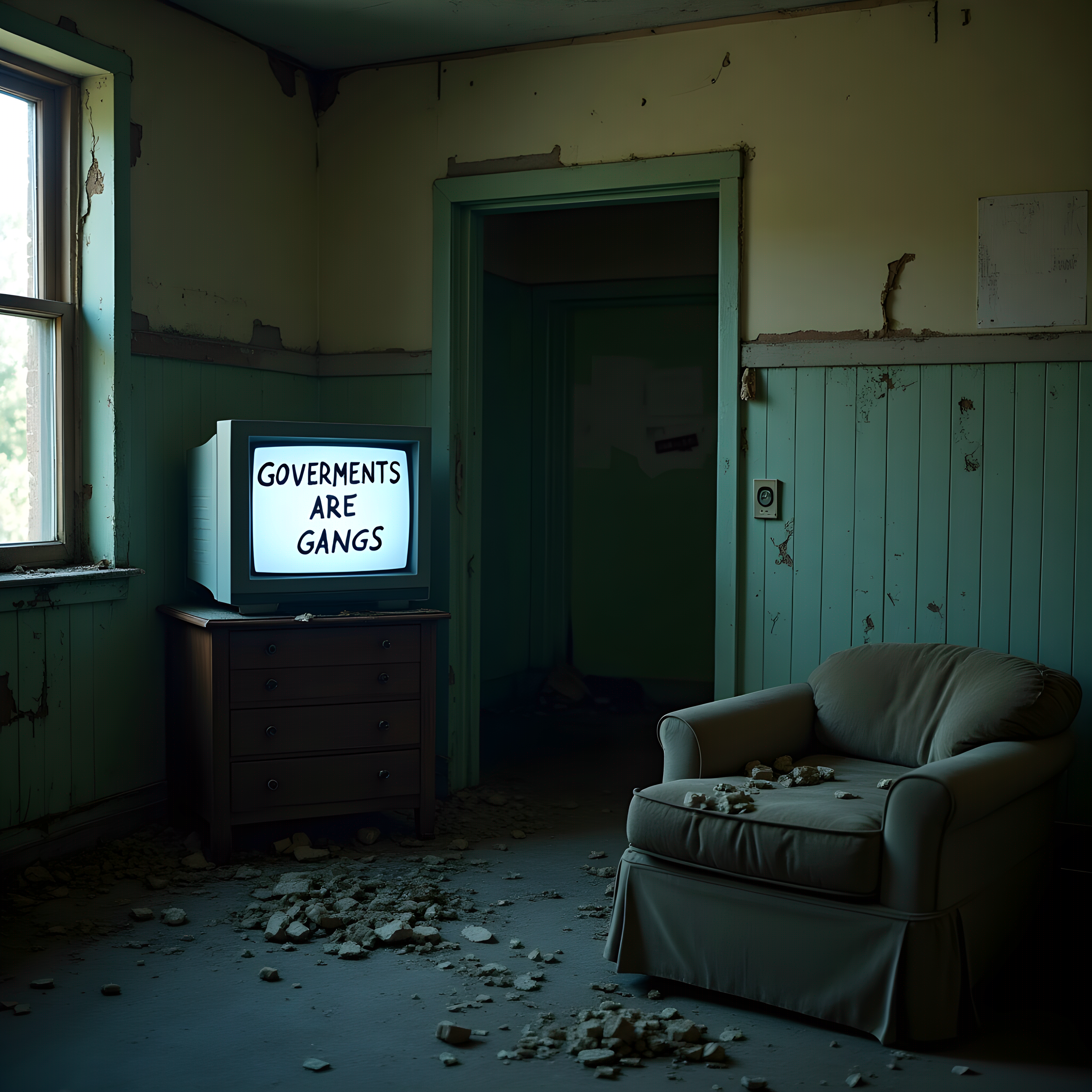 An uncomfortable vandalized room with a tube TV that says “GOVERNMENTS ARE GANGS” on the screen