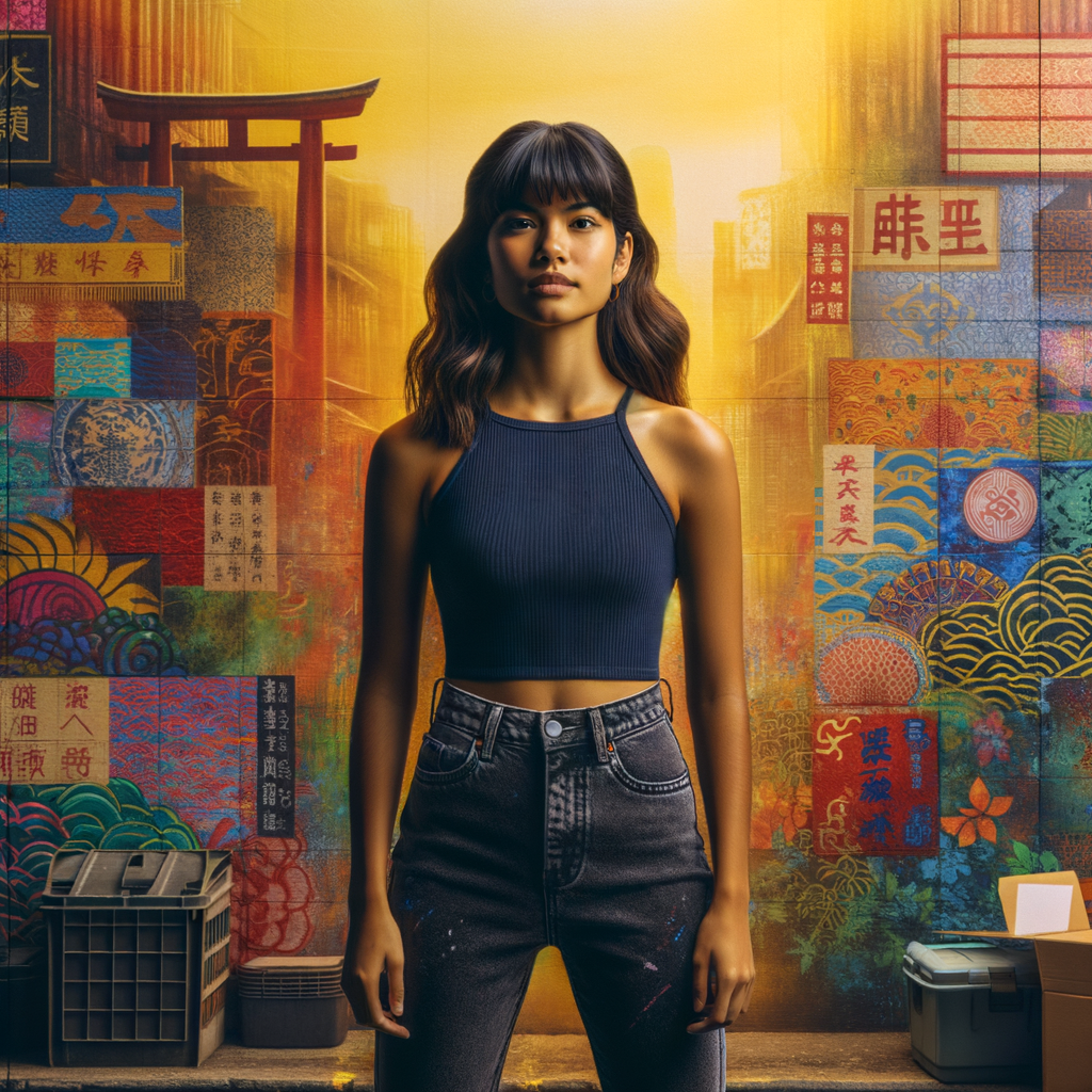 Athletic Thin skinny Attractive, Asian teenage girl, long brown hair and bangs, wearing tight skinny jeans and a halter top paint marks on her clothing, heroic pose Asian graffiti background, backside view