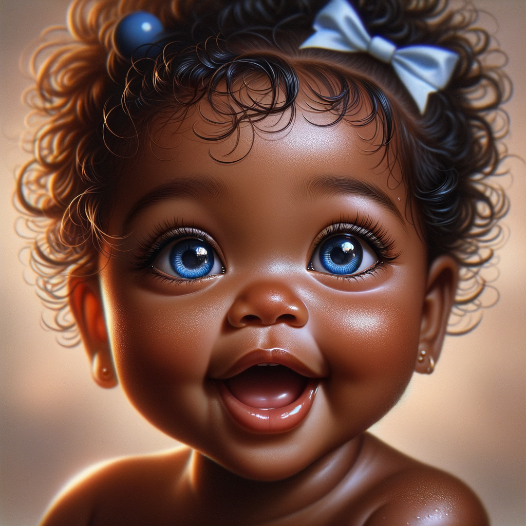 "Create a digital portrait of an adorable african-American baby girl with a joyful expression. Her big, bright blue eyes are wide with wonder, and her tiny mouth is shaped in a happy grin. Her skin has a warm, honey-brown tone, and she has an abundance of curly black hair, playfully tied up with light blue bows. The background is soft and neutral to keep the focus on her delightful features. The portrait should be vibrant and heartwarming, celebrating the innocence and charm of childhood."