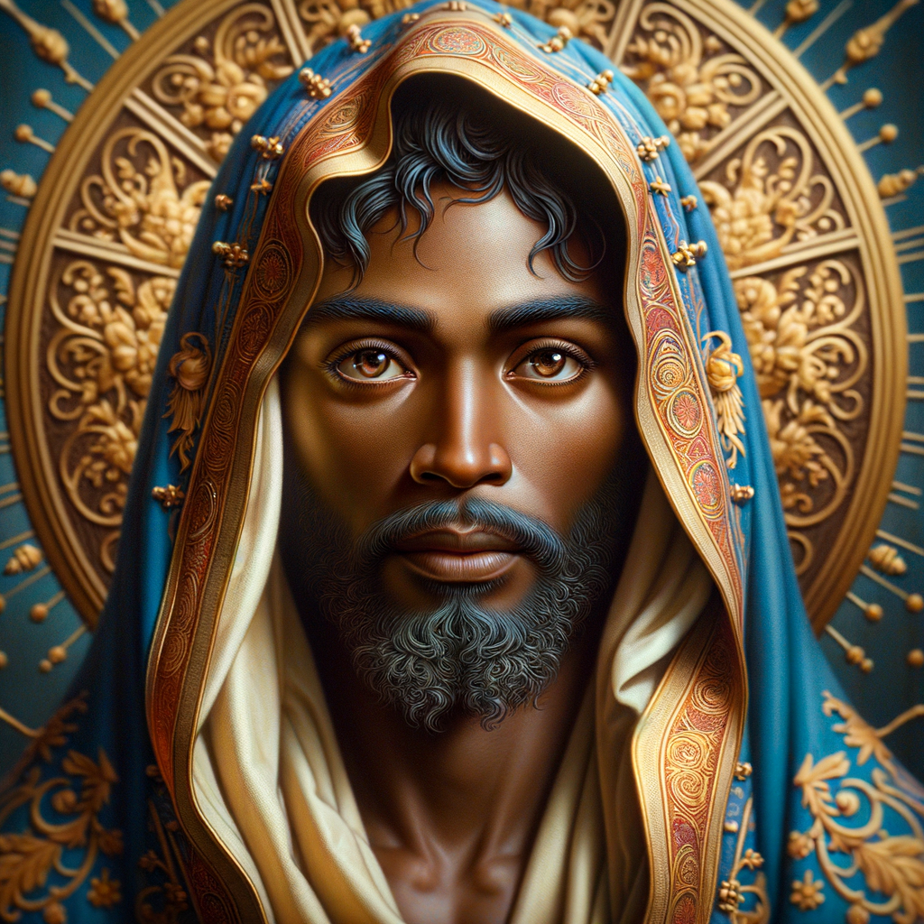 Create a African-American Christian Jesus, with brown eyes, wearing a blue and gold robe