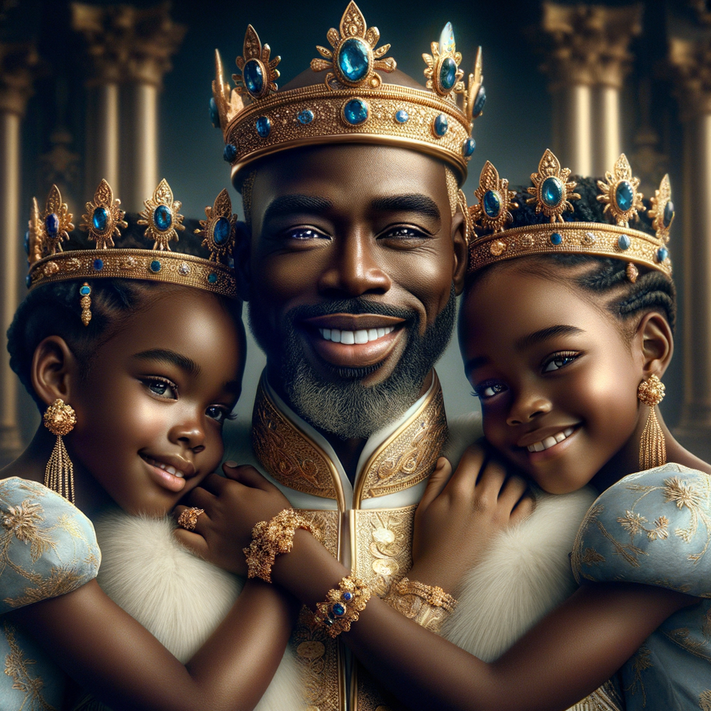 Imagine a regal portrait of an African American king with a warm and inviting smile, adorned in a majestic white and gold-trimmed robe, embellished with sapphire, blue  sapphire, jewels. His head is crowned with a stately gold crown, studded with matching jewels. He is holding two young princesses, one in each arm, who are his spitting image, with joyful expressions and wearing blue and gold dresses that complement his attire, complete with mini crowns and fluffy white fur at the collars and wrists. They are all in front of a luxurious backdrop, suggesting a palatial setting.