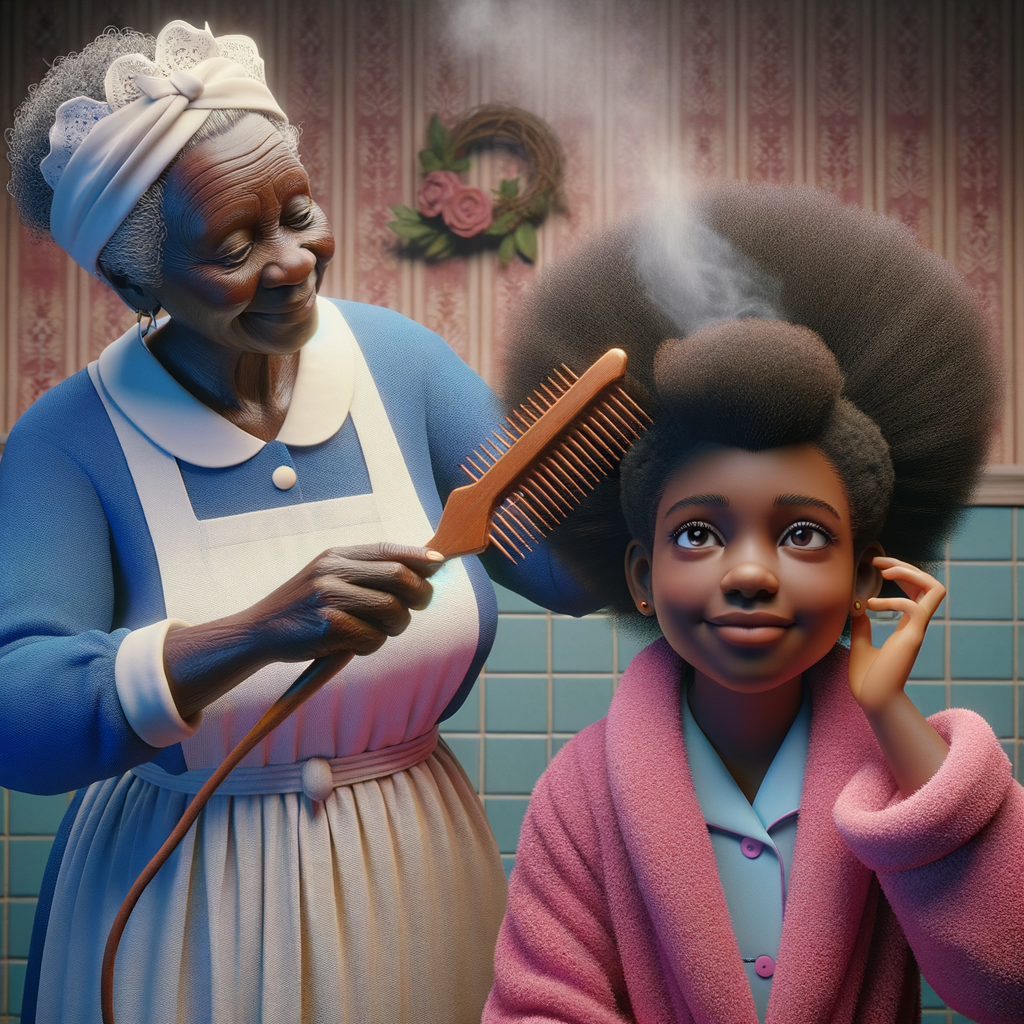 Create a realistic 3-D image of an african-American grandmother wearing a blue house dress and a white apron . She is in the kitchen with her african-American granddaughter. Her granddaughter is wearing a pink bath robe. The grandmother has a hot comb in her hand and she is straightening her granddaughters hair. One side of her granddaughters hair is in  a Afro the other straight 
There is smoke coming from the hot comb
The granddaughter is holding her ear and making a funny face