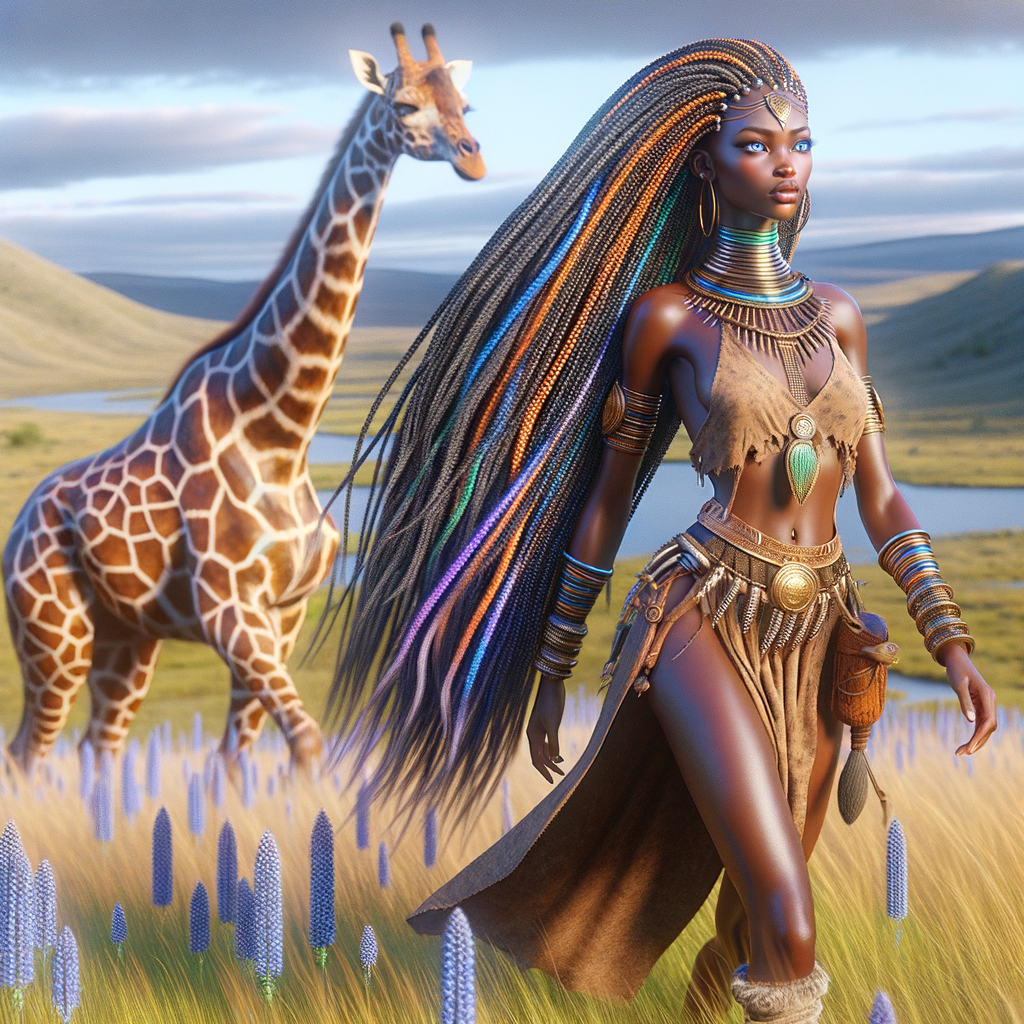 ancient landscape Ancient warrior woman Slimthick African American pretty face flawless skin long colorful braids, plus edges, fluxus art vibrant colors one  blue eye one green eye. Ancient attire sandal's striped giraffe