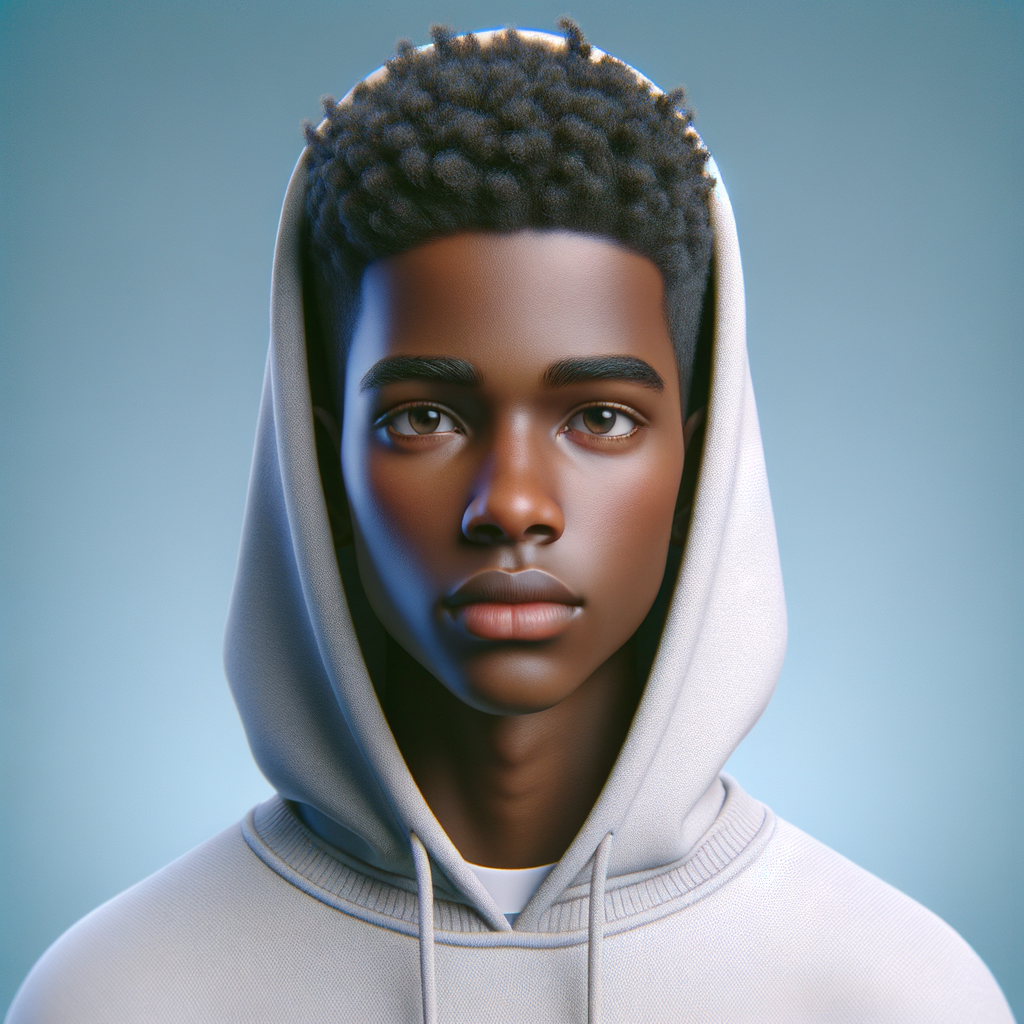 Create a 3-D realistic portrait of Trayvon Martin, wearing a hoodie