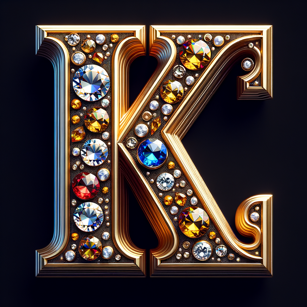 Create a 3-D realistic image with the letters  K.S. in gold raised letters , Add diamonds and colorful jewels