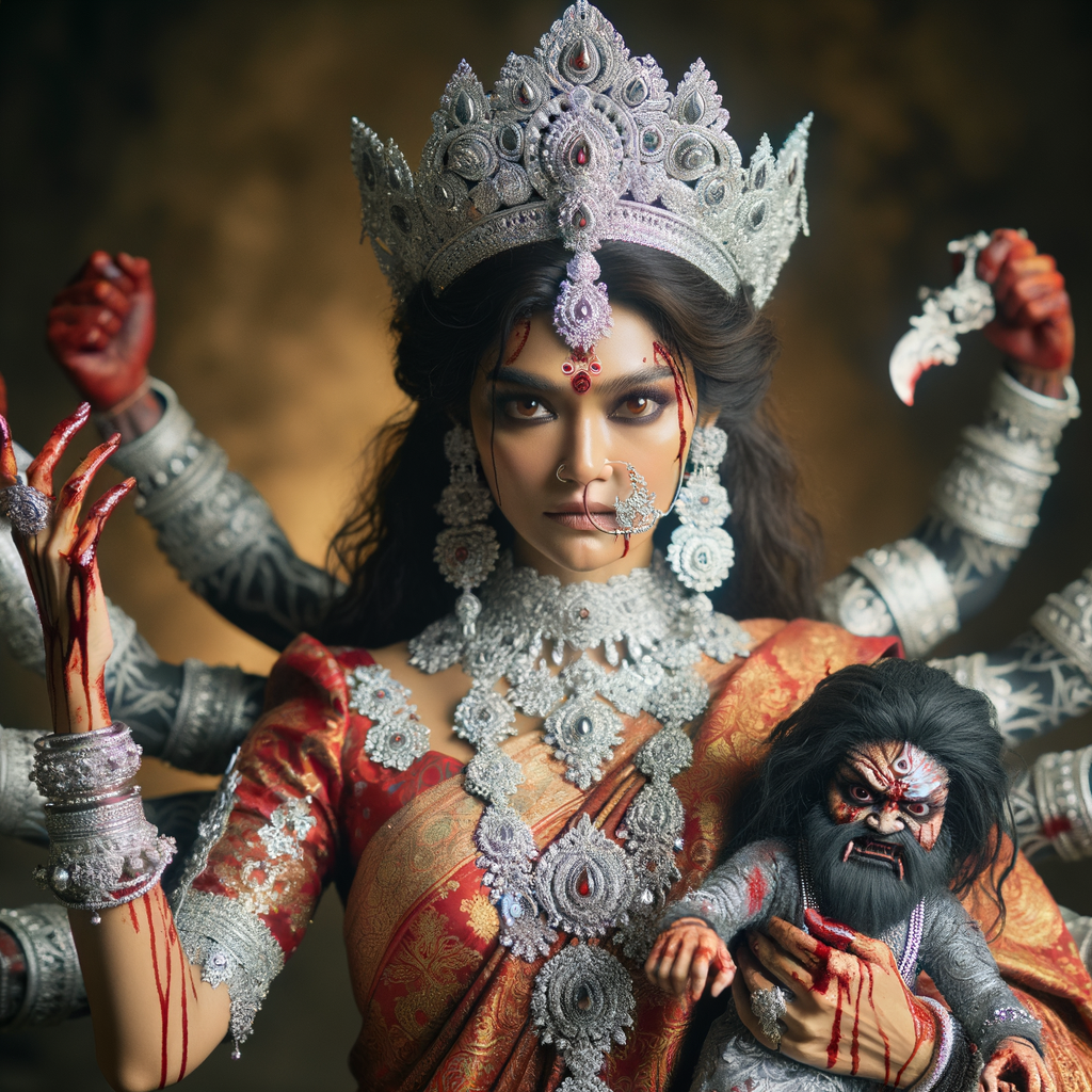 portrait of angry looking, gorgeous goddess durga cosplayer carrying a weak mahishasur in her two arms. She is wearing a huge silver crown, red saree, abundant silver jewelry, covered in blood. The scene is set in ancient India. The image is 8K resolution, cinematic, ultra detailed face and epic.