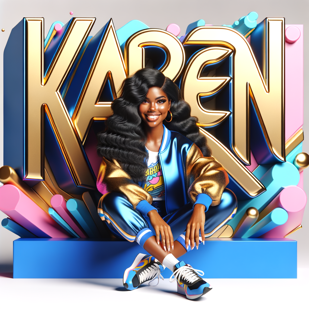 3D writing name "KAREN" bold glossy gold. There is a beautiful African-American latino woman, smiling with long black, wavy hair,, blue and gold trendy jacket and outfits in blue, pink, and gold tones, sport shoes, sitting under the name. Her outfits are glossy. dynamic color explosion background, of pink, blue, gold colors, splashed on white wall