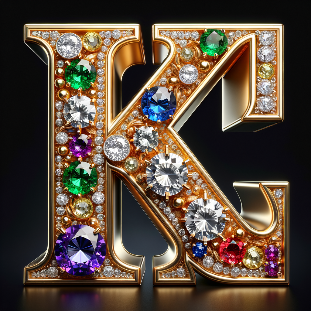 Create a 3-D realistic image with the letters  K.S. in gold raised letters , Add diamonds and colorful jewels