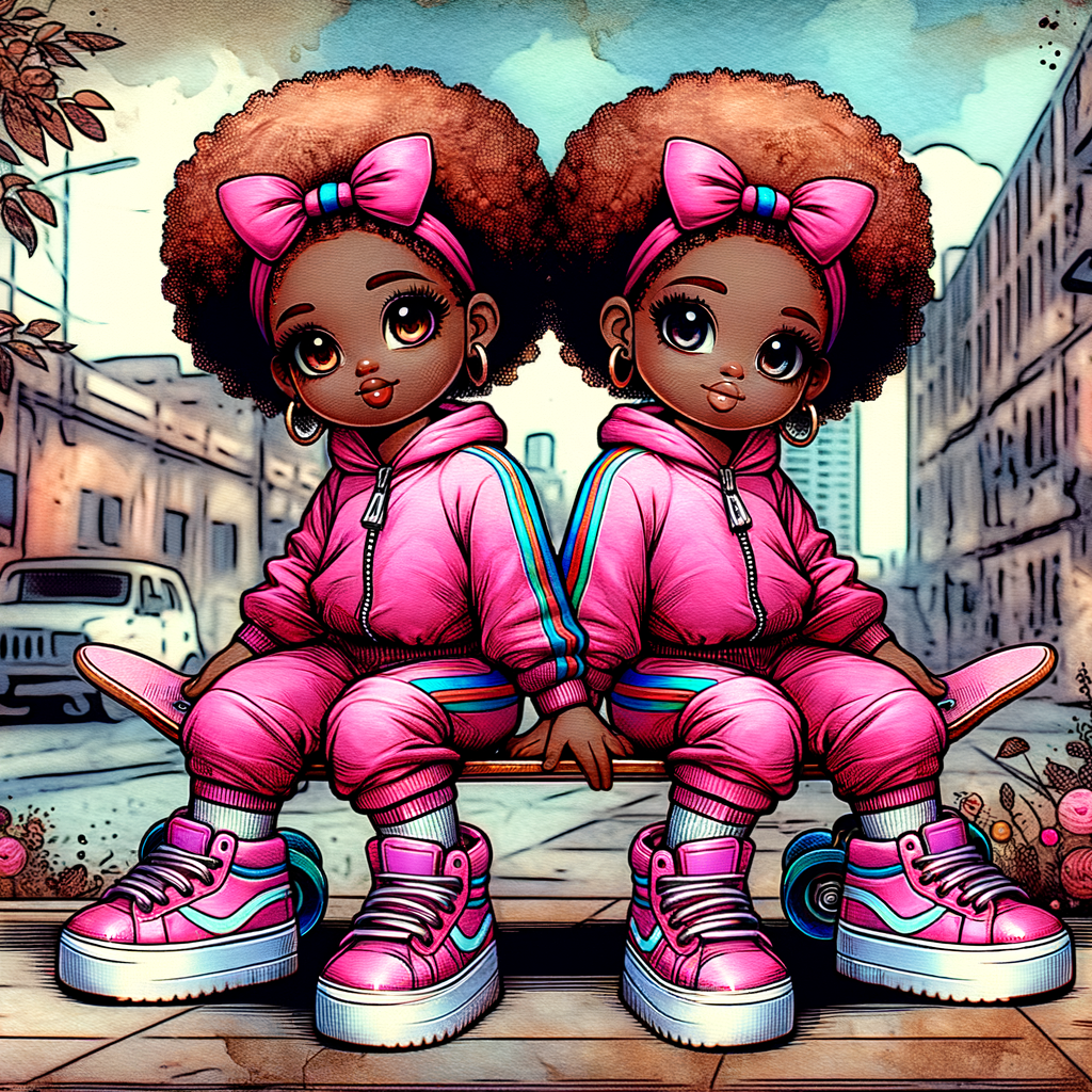 Two caricature character sisters ink wash art sitting on a skateboard city landscape . African American brown skin tone, they’re wearing pink nike track suits, Nike dunks pink, curly red hair with coils, colorful candy bows, vivid colors 4K hdr