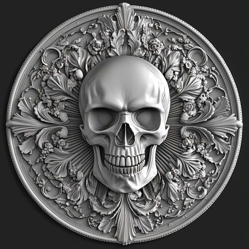 Design a high-contrast grayscale 3d bas relief of artistic skull, The composition should be circular like a coin emblem, designed for CNC routing with balanced lighting to accentuate fine details, sharp edges, and distinct textures. Employ deep shadows and strong highlights to define planes and surfaces clearly.