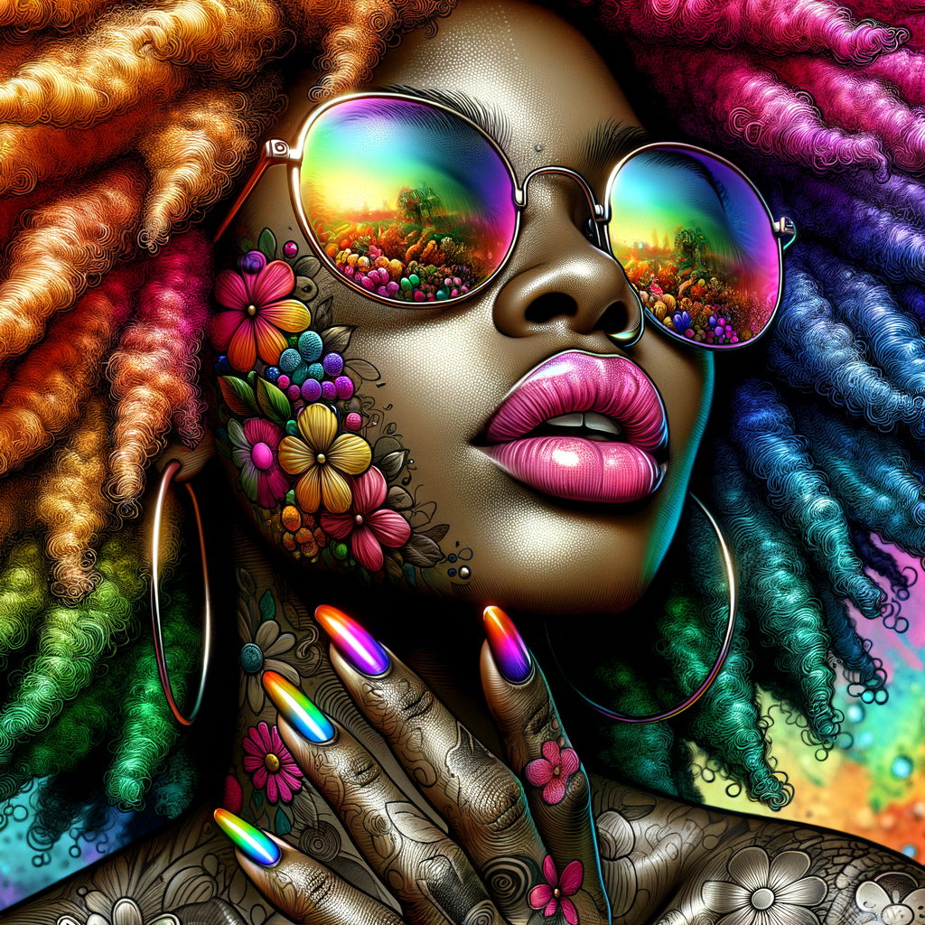 African American woman tan skin tone with wavy rainbow Afro coils, flower tattoos, full lips, rainbow nails, pink lips, round eye rainbow shades, ink wash art, colorful graffiti background contrast colors   intricate details alcohol ink