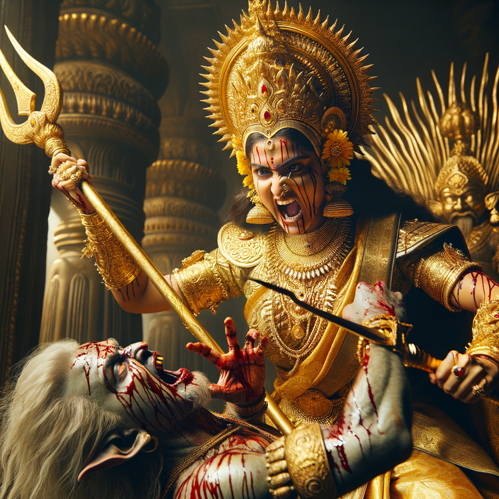 portrait of angry looking goddess durga pinning a weak mahishasur to the ground and stabbing him with her amazingly designed trident. She is wearing gold armor, a huge gold crown, gold saree, abundant  gold jewelry, covered in blood. The scene is set in ancient India. The image is 8K resolution, photography, cinematic, ultra detailed face and epic