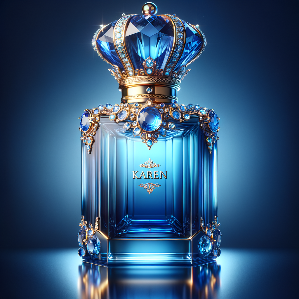 A digital illustration of a luxurious perfume bottle with a tall, faceted cap designed to mimic a deep blue gemstone, giving a sapphire-like appearance. The bottle, displaying a vivid blue color with light refraction effects, suggests the high clarity of glass. It rests on a reflective surface, hinting at the elegance of the product. A golden crown, ornately decorated with sparkling diamonds and inset with sapphire-blue gemstones, encircles the bottle's neck, adding to its opulence. The name 'KAREN' is featured in a prominent, sophisticated script on the front of the bottle, standing out against the deep blue background. The overall image conveys a sense of luxury and high fashion.