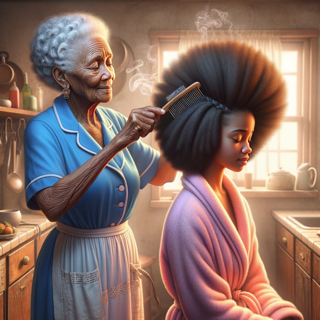 Create a realistic 3-D image of an african-American grandmother wearing a blue house dress and a white apron . She is in the kitchen with her african-American granddaughter. Her granddaughter is wearing a pink bath robe. The grandmother has a hot comb in her hand and she is straightening her granddaughters hair. One side of her granddaughters hair is in  a Afro the other straight 
There is smoke coming from the hot comb
The granddaughter is making a face