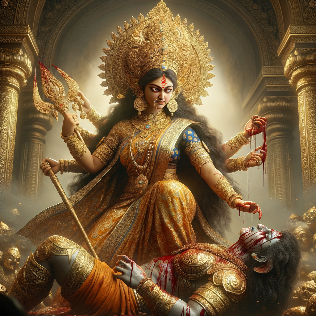 portrait of angry looking goddess durga has her foot on a defeated mahishasur. She is wearing gold armor, a huge gold crown, gold saree, abundant  gold jewelry, covered in blood. Mahishasur laying on ground dead. The scene is set in ancient India. The image is 8K resolution, photography, cinematic, ultra detailed face and epic