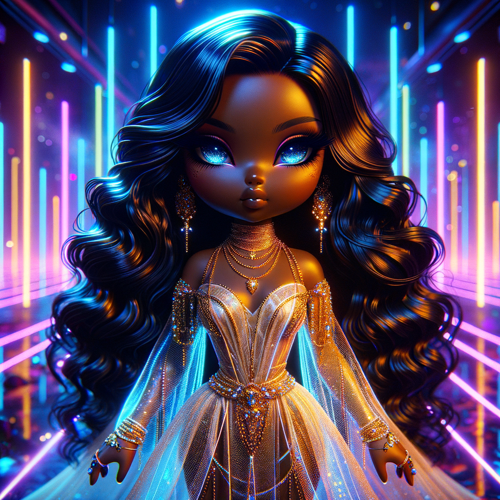 Create a chibi Afro American woman with caramel skin, long black hair, wearing gold jewelry, wearing gold and white sheer gown, realistic, magical