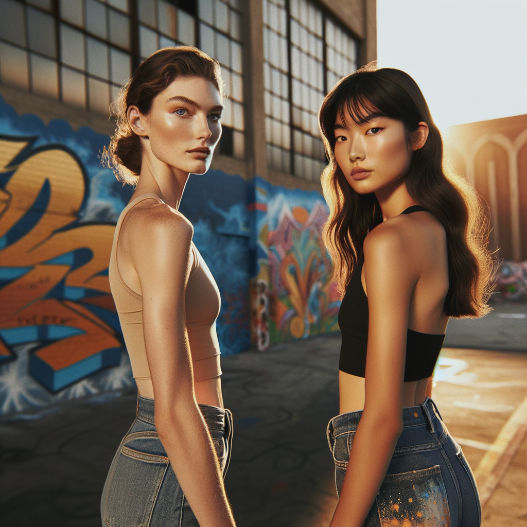 Athletic Thin skinny Attractive, Asian teenage girl, long brown hair and bangs, wearing tight skinny jeans and a halter top paint marks on her clothing, heroic pose Asian graffiti background, backside view