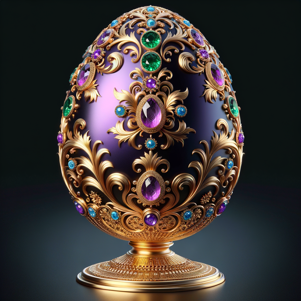 Create an image of an exquisite egg-shaped object, oriented to face the viewer head-on. The design should feature a deep purple base adorned with opulent gold filigree, floral patterns, and encrusted with various jewels such as emeralds, sapphires, and a prominent amethyst. The egg stands regally on a gold pedestal, gleaming with reflective elegance. Its intricate details and rich colors should convey a sense of luxury and royal splendor.