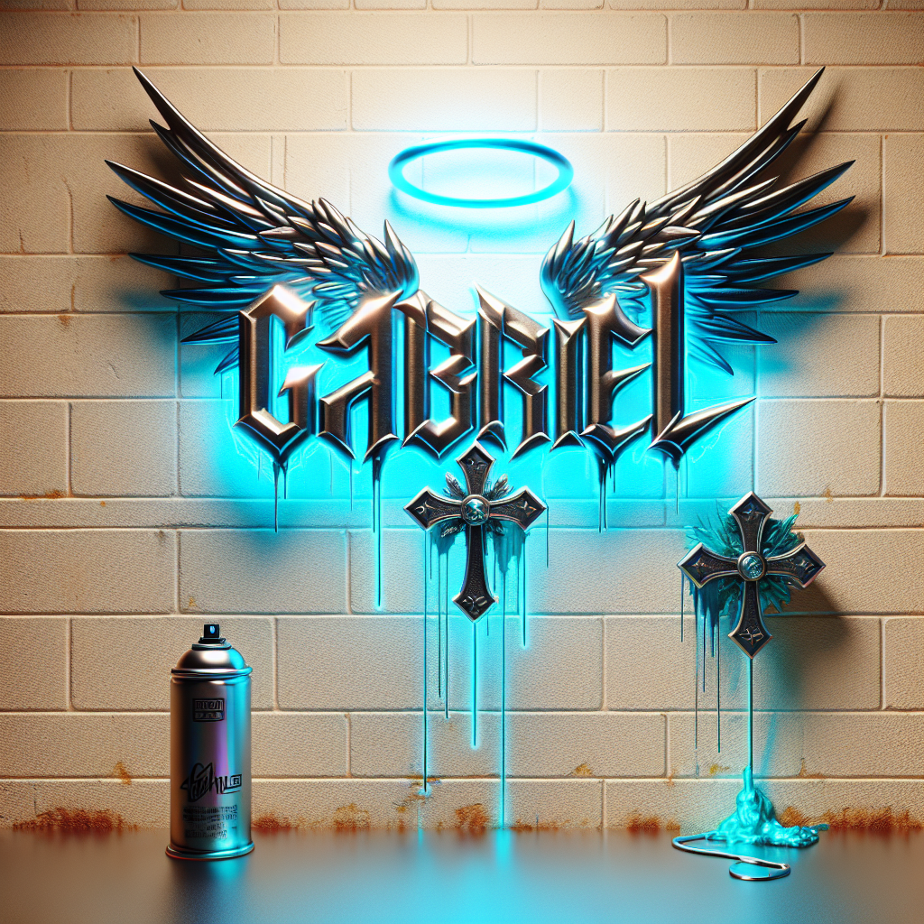 neon urban graffiti rock letters metallic blue and black of name " GABRIEL" with crosses glowing. the name "GABRIEL" also has angel wings & a Silver halo hovering it. in the bottom right corner a can of spray paint dripping with metallic blue liquid. background is vanilla center block wall.