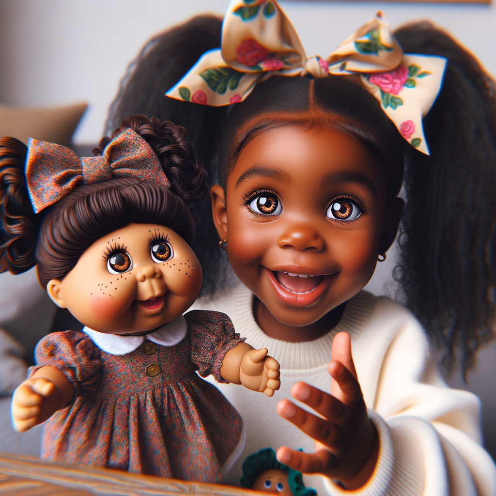 African-American girl with huge Hazel Brown eyes and long, black ponytails with Bows playing with African-American, cabbage Patch doll with huge dimples and freckles