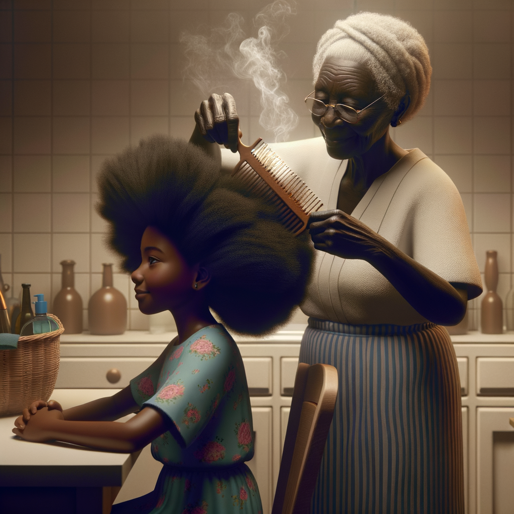 Create a realistic 3-D image of an african-American grandmother in the kitchen with her african-American granddaughter. The grandmother has a hot comb in her hair and she is straightening her granddaughters hair. One side of her granddaughters hair is in  a Afro the other is bone straight 
There is smoke coming from the hot comb