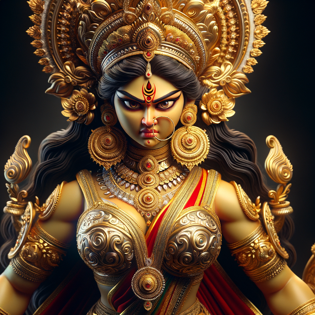 Waist up portrait of angry goddess durga with athletic body, big breasts, wearing gold jewelry all over body, huge gold crown, red saree, gold armor, ultra detailed face, UHD, 8K, photography