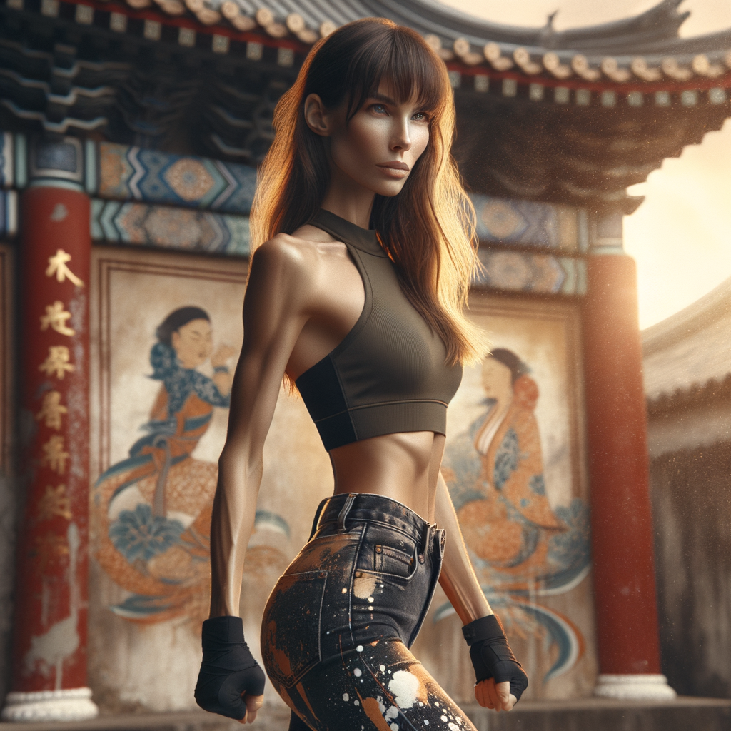 Athletic Thin skinny Attractive, Asian teenage girl, long brown hair and bangs, wearing tight skinny jeans and a halter top paint marks on her clothing, heroic pose Asian graffiti background, side view