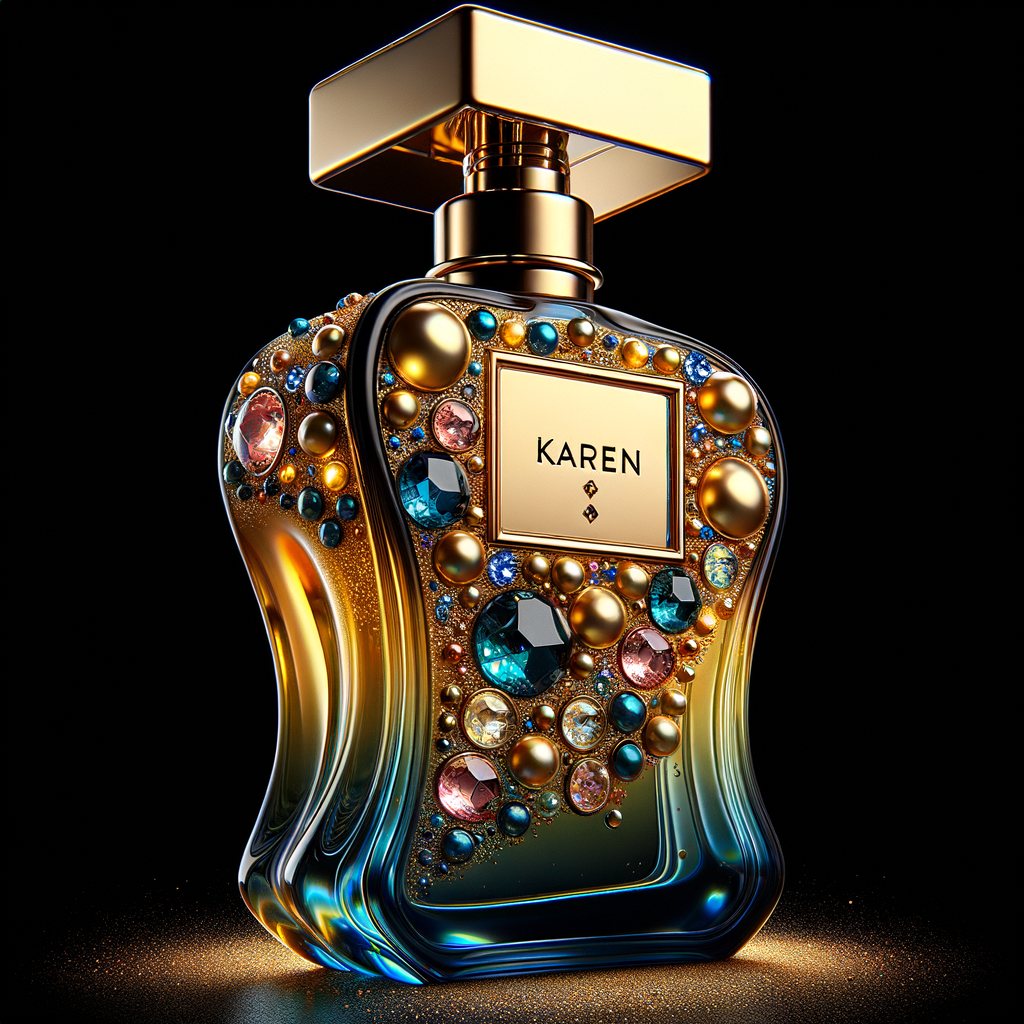 Create a 3-D realistic gold and  blue, colorful jewels perfume bottle
In the shape of a women’s body with the name Karen