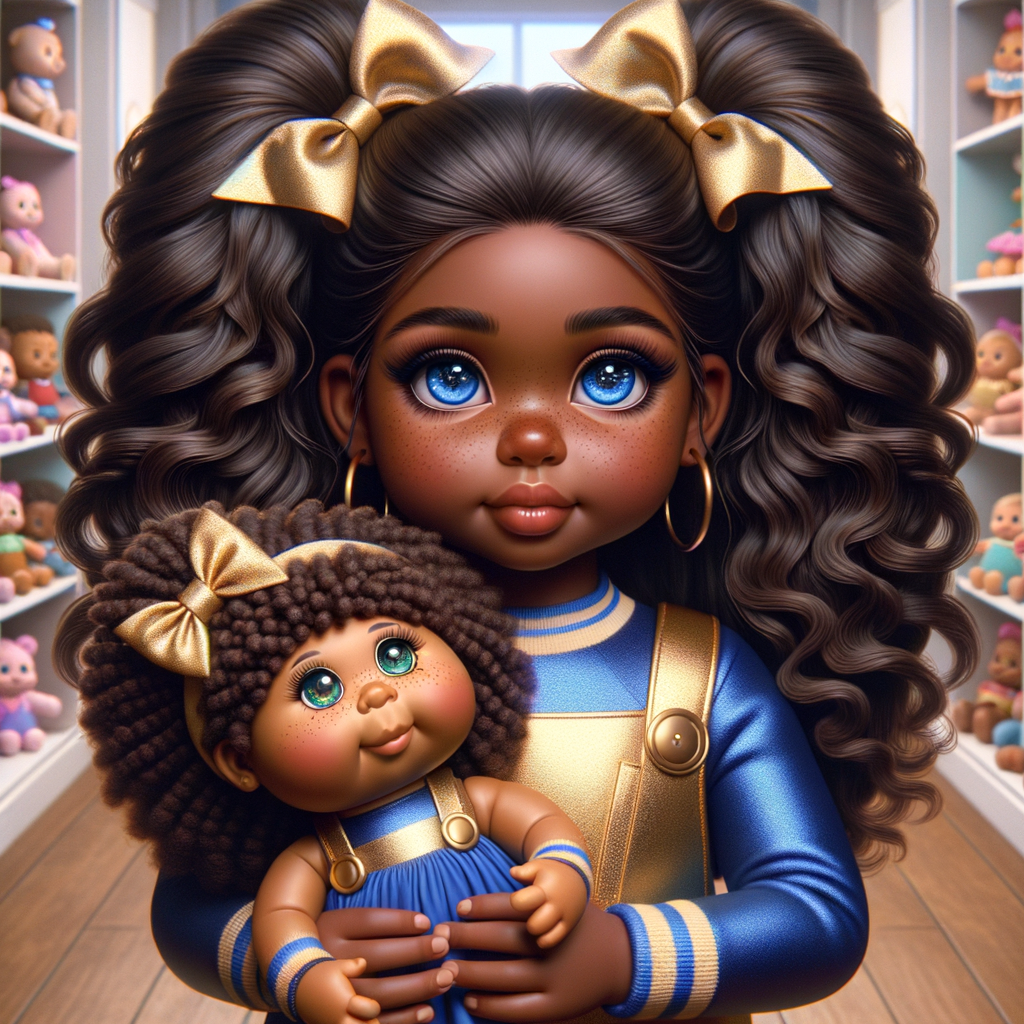 Create a 3-D image of an african-American little girl inside of a medium size, toy store. The little girl has thick long, ponytails and huge blue eyes. She has on a gold and blue jumpsuit with matching bows, She is playing with her favorite african-American cabbage patch doll, the doll has deep, dimples, and freckles and looks just like her