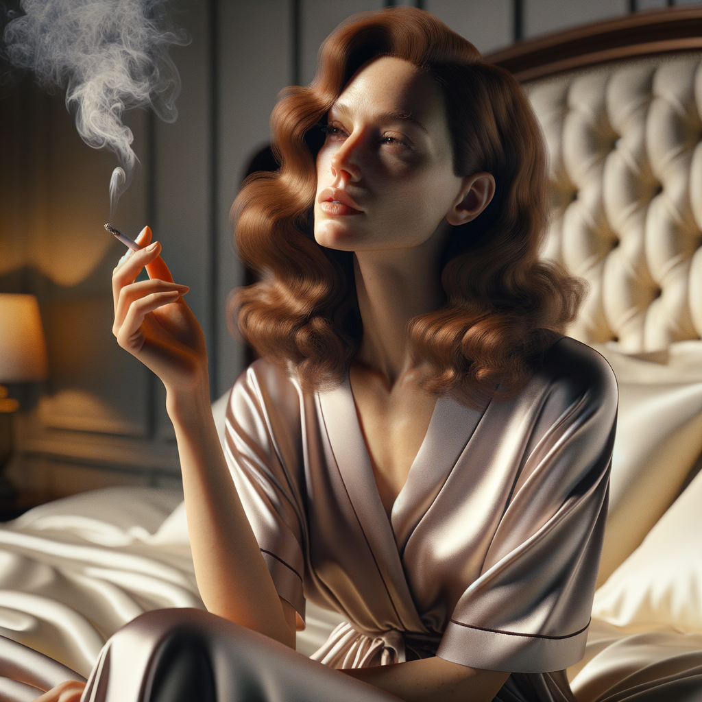 woman in a nightgown siting on her bed smoking a cigarette .