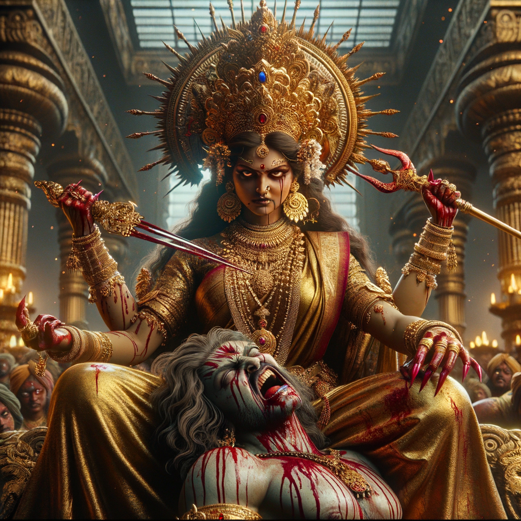 portrait of angry looking indian goddess sitting on a gold crown and carrying a weak mahishasur on her lap and poking him with her amazingly long red fingernails. She is wearing gold armor, a huge gold crown, gold saree, abundant  gold jewelry, covered in blood. The scene is set in ancient India. The image is 8K resolution, cinematic, photography, ultra detailed face and epic.